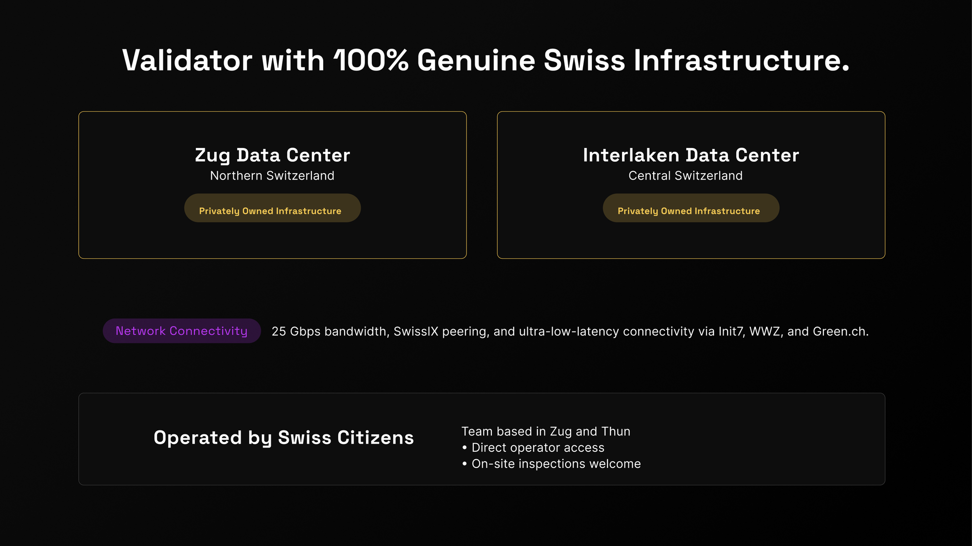 Validator wih 100% Genuine Swiss Infrastructure, no-cloud fluff, bare-metal servers